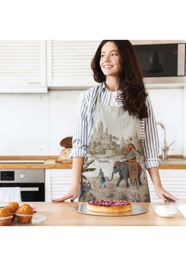 Otantik Manzara Tasarımlı Mutfak Önlüğü Keten Kumaş, Uluslararası Yıkama Ve Solmama Sertifikası Çok Renkli