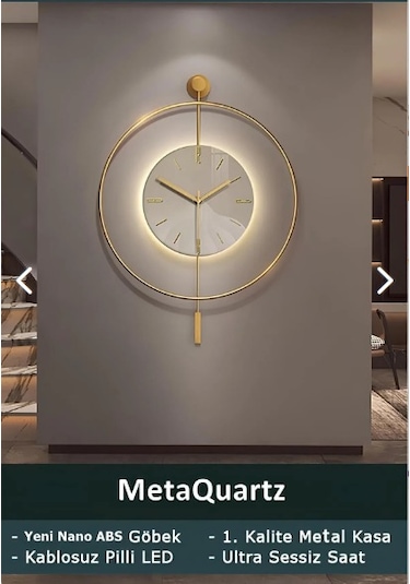 MetaQuartz Aksesuar Büyük Boy 50 x 75 CM İskandinav Kristal Ledli Pilli Duvar Saati Gold