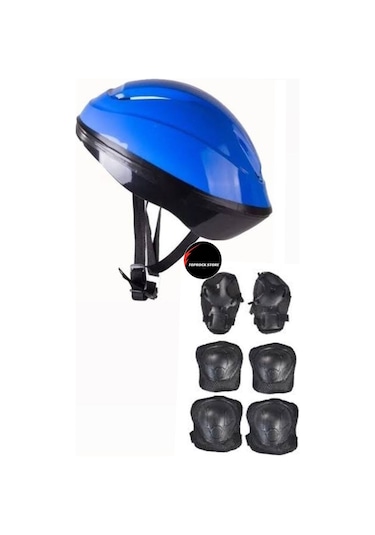 Çocuk Kask Dizlik Dirseklik Ellik Set 7 Parça Scooter Bisiklet Paten Kaykay Koruyucu Set Mavi