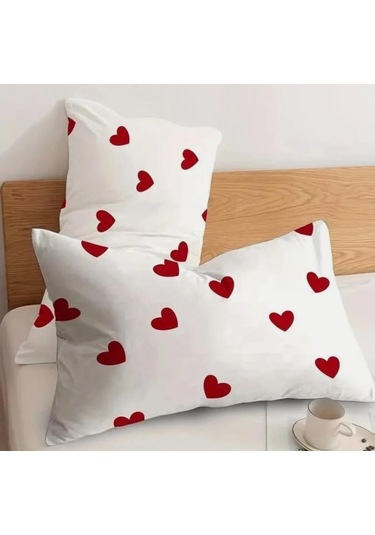 2 Adet Kalp Desenli Pamuklu 50x70 Cm Yastık Kılıfı