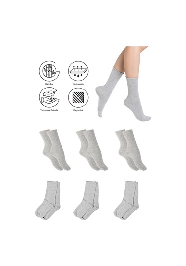 Bambu Kadın Lastiksiz Gri Soket Dikişsiz Premium Çorap 3'lü Pkt Gri Melanj