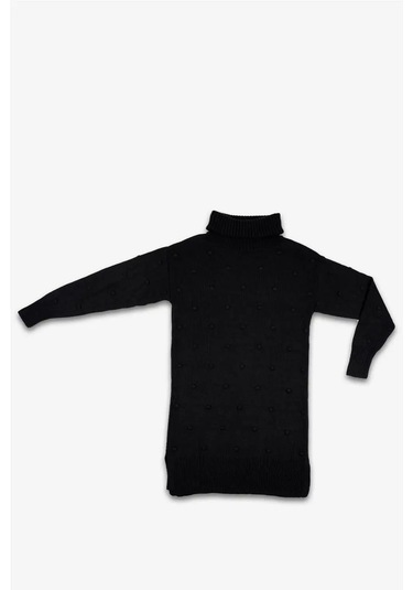 Kadın Siyah Boğazlı Kabartma Noktalı Uzun Kollu Triko Elbise Siyah