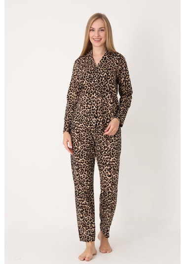 Nbb Kadın Leopar Desen Wild Önden Düğmeli Pijama Takım LEOPAR