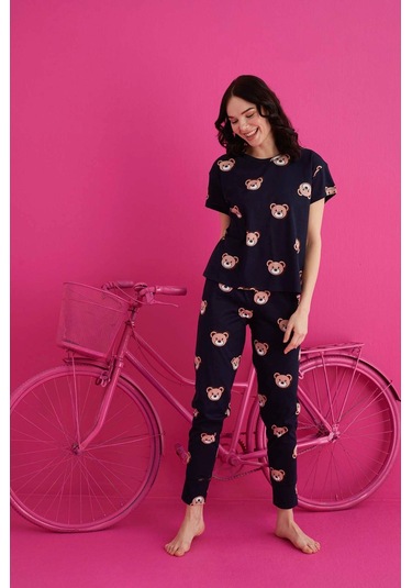 Kadın Baskılı Kısa Kollu Takım Waynap 4130 - Koyu Lacivert