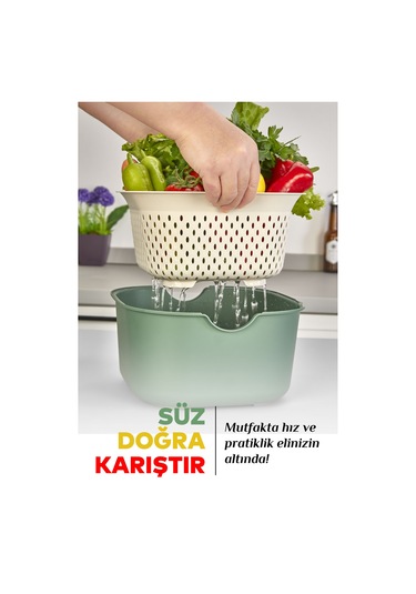 9'lu Mutfak Hazırlık Seti - Standlı Kulplu Kesme Tahtası Karıştırma Kabı Kase Süzgeç Limon Sıkacağı Yeşil