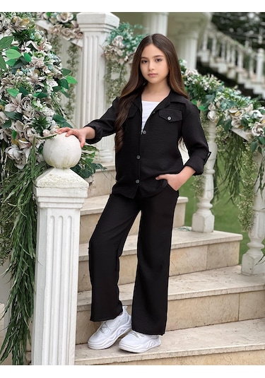 Modavals Kol Katlamalı Keten Gömlek Cepli Keten Alt & Suprem Askılı Badi 3lü Kız Çocuk Takım Siyah