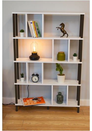 Yüksek Kalite 5 Raflı Kitaplık Ahşap Ayaklı Klasörlük Mutfak Rafı Çok Amaçlı Düzenleyici Raf Beyaz Siyah