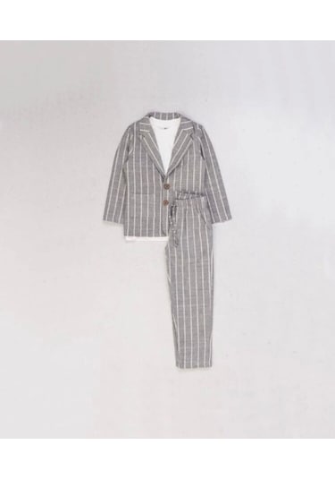 Ceketli 3 Lü Erkek Çocuk Takım Elbise Keten Pamuklu Ceket Pantalon Tişört Gri