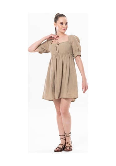 Kısa Kol Lara Kare Yaka Bağlama Detaylı Yazlık Müslin Elbise Vizon Vzn-vizon Vizon