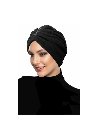 Dizayn Tüllü Kristal Taş İşlemeli Çift Taraflı Astarlı Siyah Hazır Türban Tesettür Abiye Bone Siyah