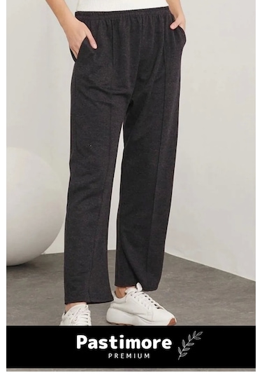 Yeni Sezon Terletmez Rahat Kalıp Beli Lastikli Bol Paça Salaş Yandan Cepli Ecrin Yünlü Pantolon Siyah