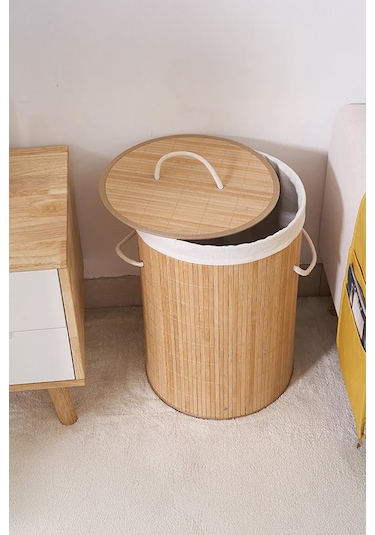 İronika Bambu Kirli Çamaşır Sepeti Halatlı Bambu Çamaşır Oyuncak Sepeti Yuvarlak Açık Kahverengi