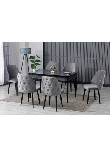 Cora Serisi Siyah Mermer Desenli Mutfak Masa Takımı Gri