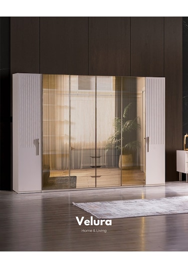 Tress 6 Kapaklı Temperli Cam Gardırop Dolap Krem