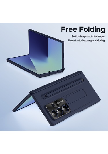 Samsung Galaxy Uyumlu Z Fold7 5g Kılıf Pc Cep Telefonu Kılıfı, Ayaklı Ve Kalemli - Mavi Mavi