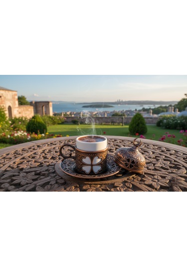 Yonca Desenli 6 Kişilik Porselenli Kapaklı 24 Parça Bakır Renk Fincan Seti Bakır