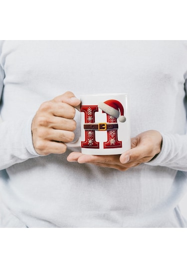 H Harfi Yılbaşı Temalı Bardak 330 Ml Harfli Kişiye Özel Hediye - Yeniyıl / Noel Şapka Tasarım Beyaz