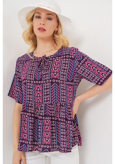 Kadın Desenli Kısa Kol Bluz 969 - Bordo bordo