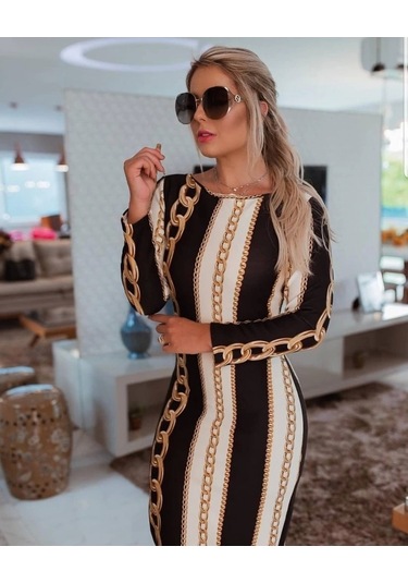 Kadın Uzun Kollu Bisiklet Yaka Scuba Midi Boy Elbise Desenli