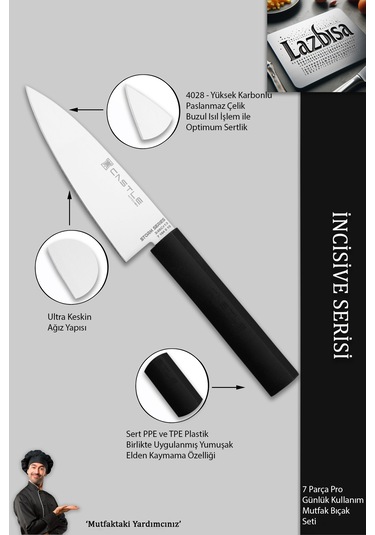 İncisive Serisi Mutfak Bıçak Seti Et Sebze Şef Bıçağı 7li Mft-105 Siyah