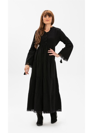 Uzun Kol Seçil Pazen Uzun Elbise Siyah Syh Siyah