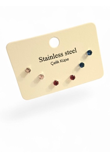 6 Adet Kare Renkli Zirkon Tek Taşlı Çelik Küpe 0394 Gümüş