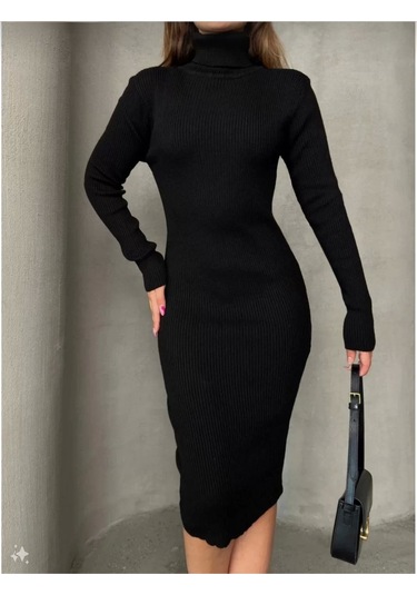 Kadın Boğazlı Uzun Fitilli Triko Dokuma Elbise - Siyah Siyah