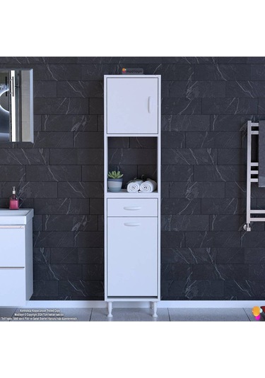 45x173x32,5 Cm 1 Çekmece, 1 Sepetli Göz Ve 3 Raflı Çok Amaçlı Akıllı Dolap Mutfak Dolabı Beyaz