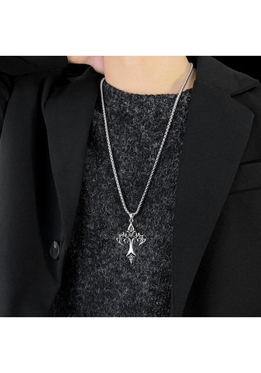 Gotik Alev Haç Kolye Kolye Erkek 50 Cm Paslanmaz Çelik Zincir Boyun Punk Hediye Gümüş