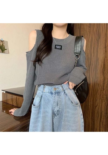 Siyah Tasarım Duygusu Sonbahar Kış Kazak Kazak Triko Kadın Kapalı Omuz Astar Dışında Giyin İnce Tasarım Üst Siyah