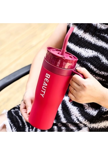 Oldfriend Kızıl Kırmızı 40.58oz Bpa Free Plastik Tumbler Pipetli Hafif Mutfak Bardagı Kırmızı