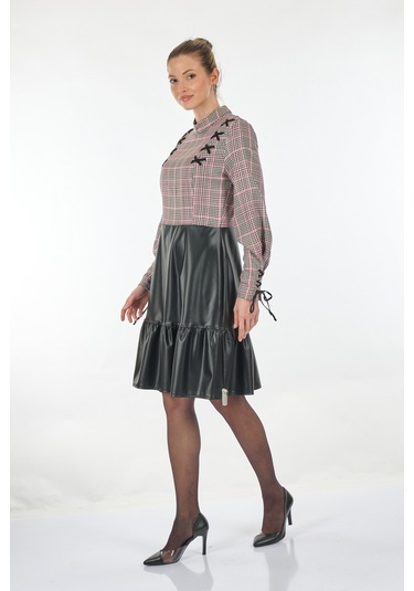 Unique Mode Yarım Balıkçı Kareli Uzun Kollu Siyah Kadın Elbise Uw 001