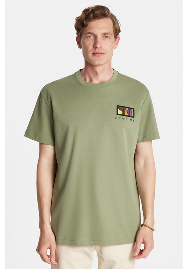 Relax Fit Rahat Kesim Pamuklu Ön Ve Arka Baskı Ve Nakış Detaylı Bisiklet Yaka Haki Tişört-34891 Haki