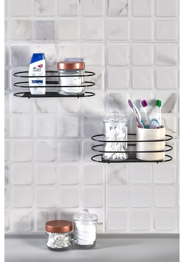 2' Li Banyo Düzenleyici - Yapışkanlı Banyo Ve Mutfak Rafı - Siyah Toparlayıcı Banyo Aksesuarı Şampuanlık Sabunluk Siyah