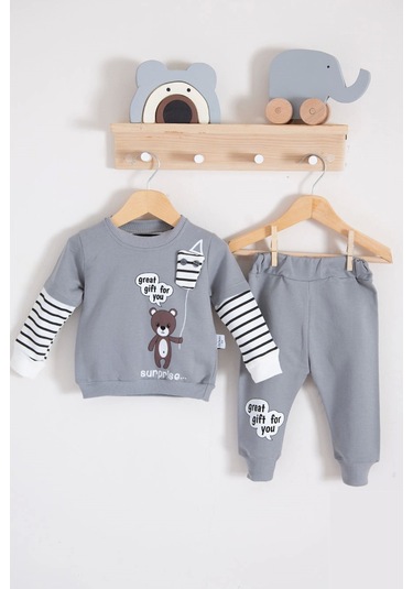 Gift For You Desenli 2'li % 100 Pamuk Erkek Bebek Takımı Gri