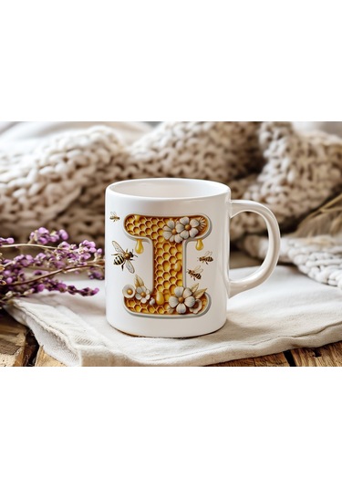 I Harfi Bal Arısı Tasarım Kupa Bardak - Bal Ve Petek Desenli Kişiye Özel Kahve Kupası - Hediyelik Beyaz