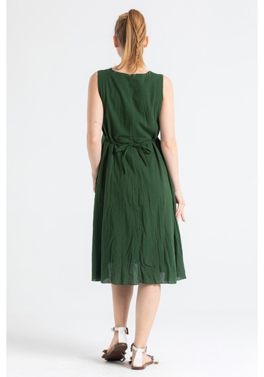 Kolsuz Şile Bezi Mehtap Midi Boy Elbise Yeşil