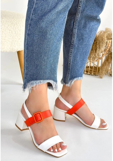 Year Beyaz Cilt Turuncu Detaylı Beyaz Kadın Topuklu Ayakkabı Beyaz3