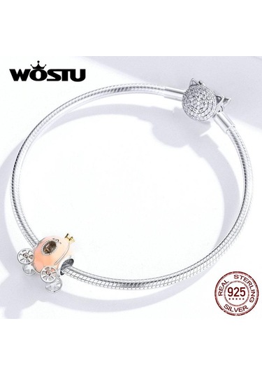 Wostu 925 Ayar Gümüş Pembe Kabak Sepeti Boncuk Zirkon Charms Fit Orijinal Bilezik Kolye Pembe Altın