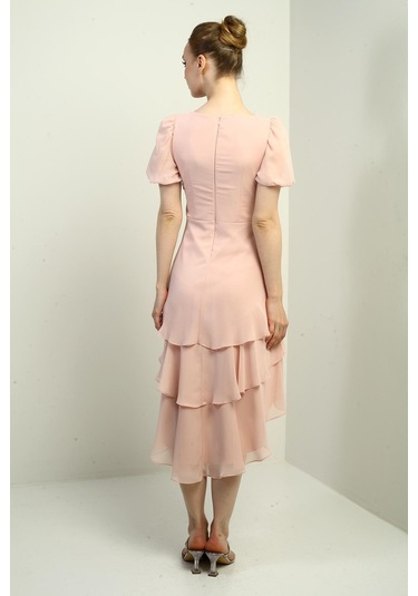 Kadın Kruvaze Yaka Arkası Fermuarlı Katkat Pileli Şifon Elbise-40814 Pudra