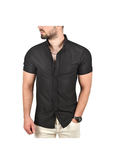 Deepsea Erkek Siyah Slim Fit Likralı Spor Gömlek Dar Kesim Jakar Kumaş Kısa Kol Gömlek 2500804 Siyah
