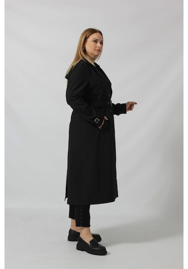 Dizaltı Düğmeli Kuşaklı Trençkot Siyah Siyah