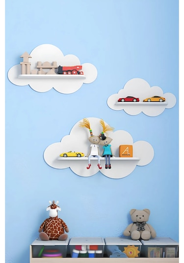 Beyaz Dekoratif 3'lü Bulut Çocuk Odası Duvar Rafı Duvar Süsü