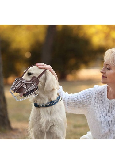 Geeksen Köpekler İçin Emniyetli Metal Ve Deri Ağızlık - Kuşma Ve Isırma Engeli Kahverengi, L Büyüklüğü