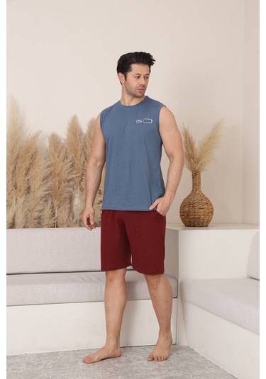 Seboteks %100 Pamuklu Kolsuz Cepli Erkek Şortlu Pijama Takımı 2011 Füme