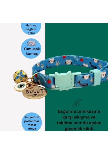 Caramelos Güvenlik Kilitli Kedi Tasması İsimli Kedi Tasması Mavi