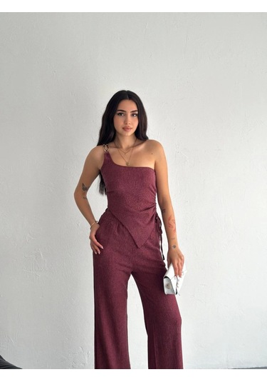 Asimetrik Crop Pantalon Ikili Takım - Gül Kurusu Gül Kurusu