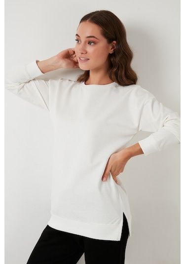Lela Pamuklu Regular Fit Bisiklet Yaka Basic Bayan Sweat 5863569 Ekru