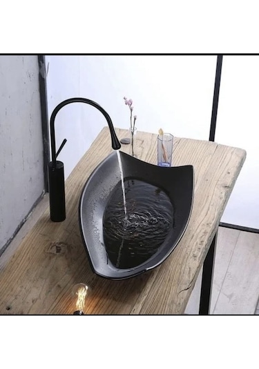 İsaoğlu Yapı Siyah Çanak Lavabo Bataryası Modern Tasarım Banyo Bataryası Drop Design Siyah Çanak Batarya Siyah