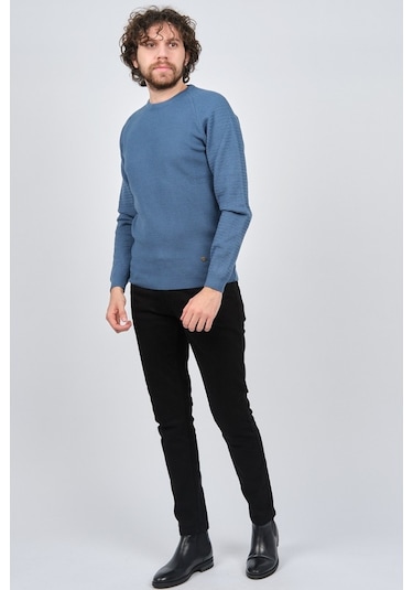 Çizgi Triko Erkek Bisiklet Yaka Slim Fit Kazak 42554259 Mavi Mavi